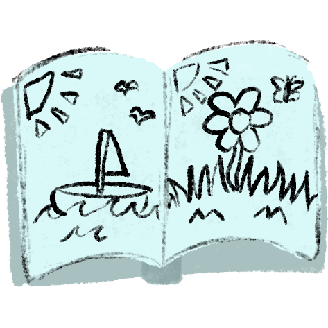 a pale blue open book with black line drawings of a boat on water on the left page and a flower in grass on the right